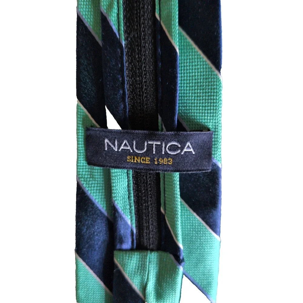 Nautica Children's 100% Silk Blue/Green Striped Zipper Neck Tie Nautical Preppy
